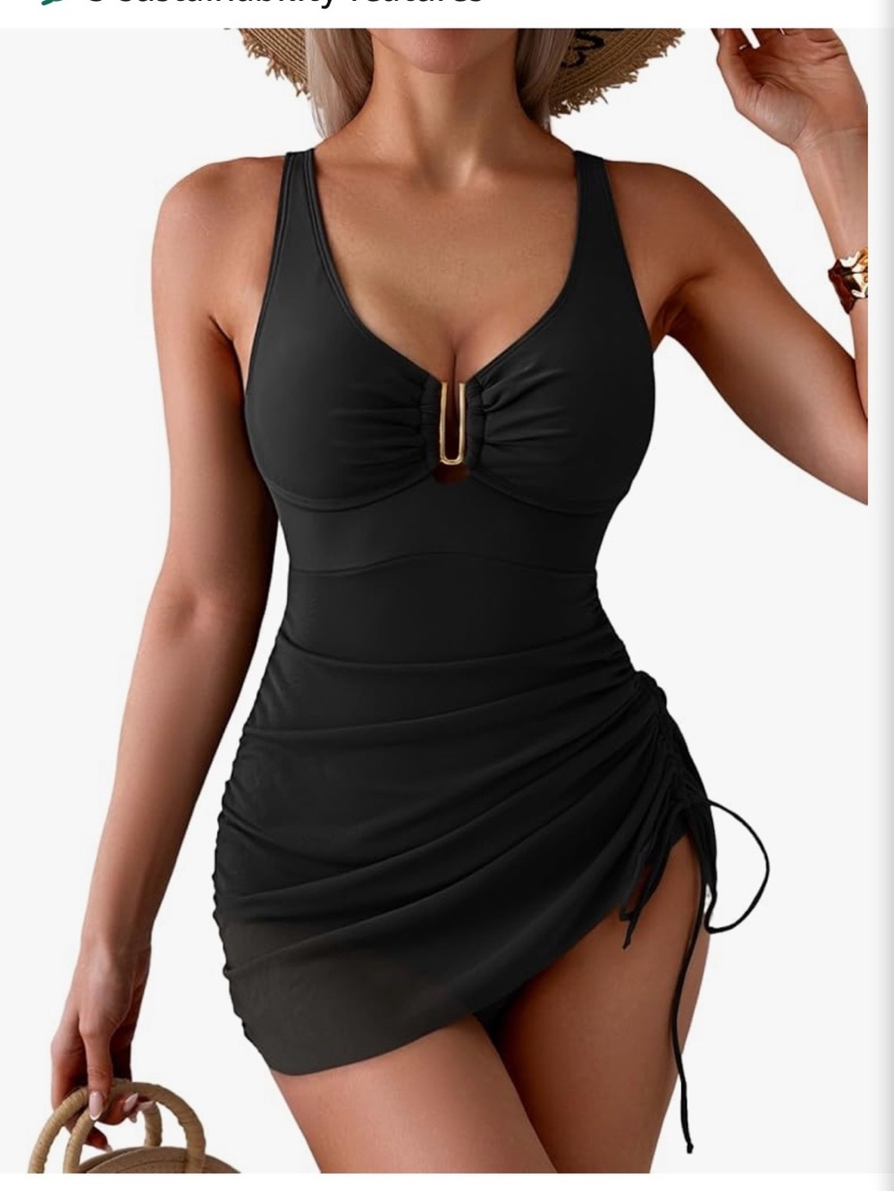 Women’s Black Ruched One-Piece Swimdress with U-Ring Detail
